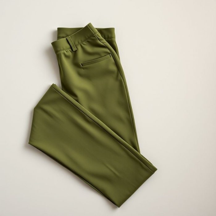 Flat lay of olive green flare active pants made with Lenzing Ecovero, neatly folded on a neutral surface.