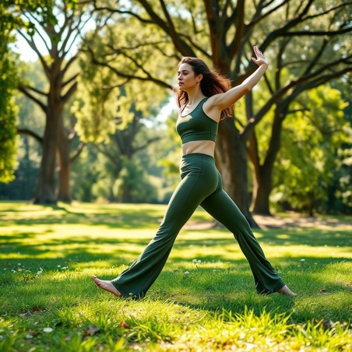 Woman in olive green flare active pants performing a yoga pose in an Australian park.