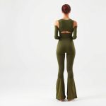Back view of Olive Green flare active pants made with Lenzing Ecovero, on a model.