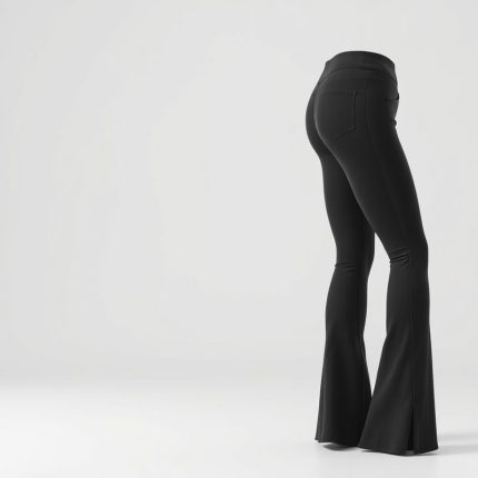 Flare black yoga pants with pockets, charcoal active leggings on white background, hyperrealistic studio photo.