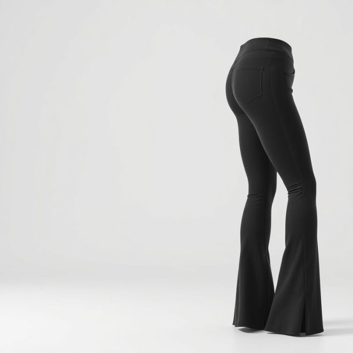 Flare black yoga pants with pockets, charcoal active leggings on white background, hyperrealistic studio photo.