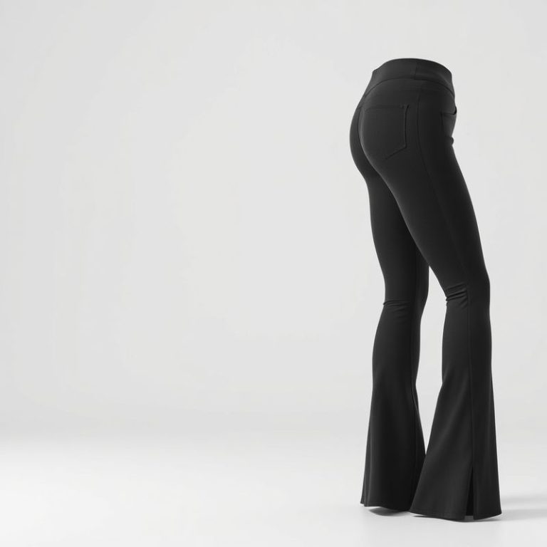 Flare black yoga pants with pockets, charcoal active leggings on white background, hyperrealistic studio photo.