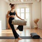 A model wearing flare black yoga pants yoga pillow bolster in a bright minimalist yoga studio, elegant pose.