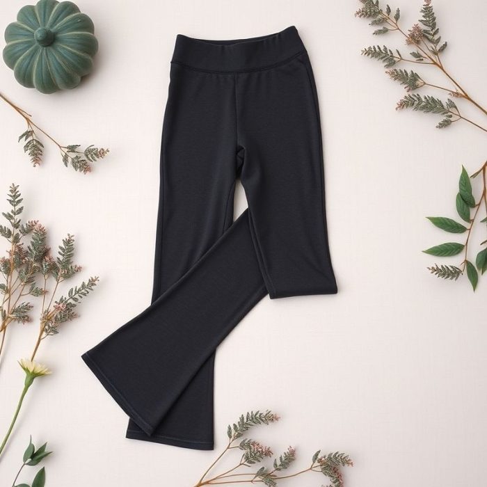Flat lay of charcoal petite flare leggings Australia neatly folded on a neutral surface.