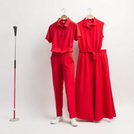 Red golf pant womens and golf dresses, hyperrealistic studio photo on white background, 8k quality.