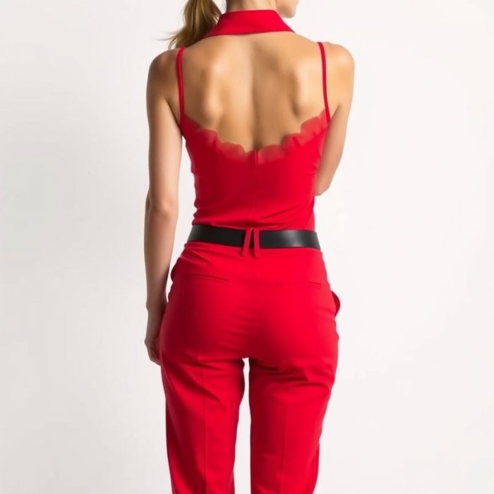 Back view of a woman in red golf pant womens golf dresses, showcasing fit on white studio background.