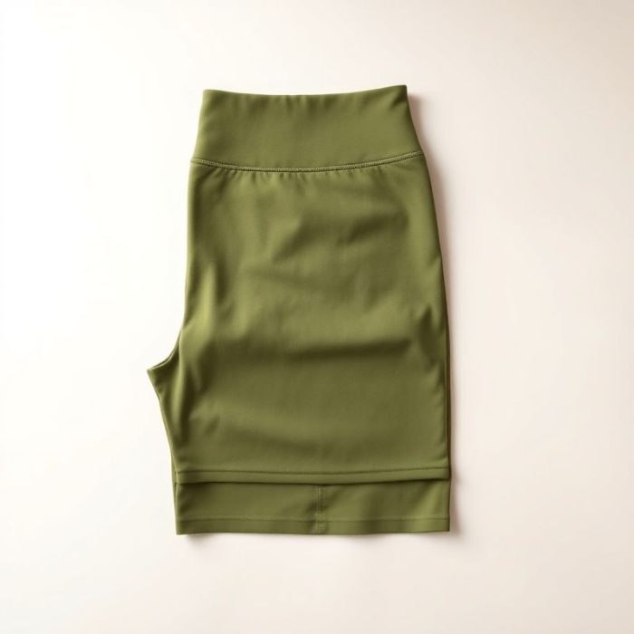 Olive green golf skorts scrunch bum leggings neatly folded on a neutral surface, top-down flat lay view.