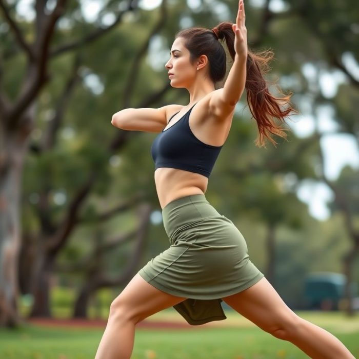 A woman in olive green golf skorts scrunch bum leggings performing yoga in an Australian park.