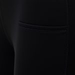 Close-up of high waist leggings black legging with pockets, showcasing Silk Blend fabric texture and premium stitching.