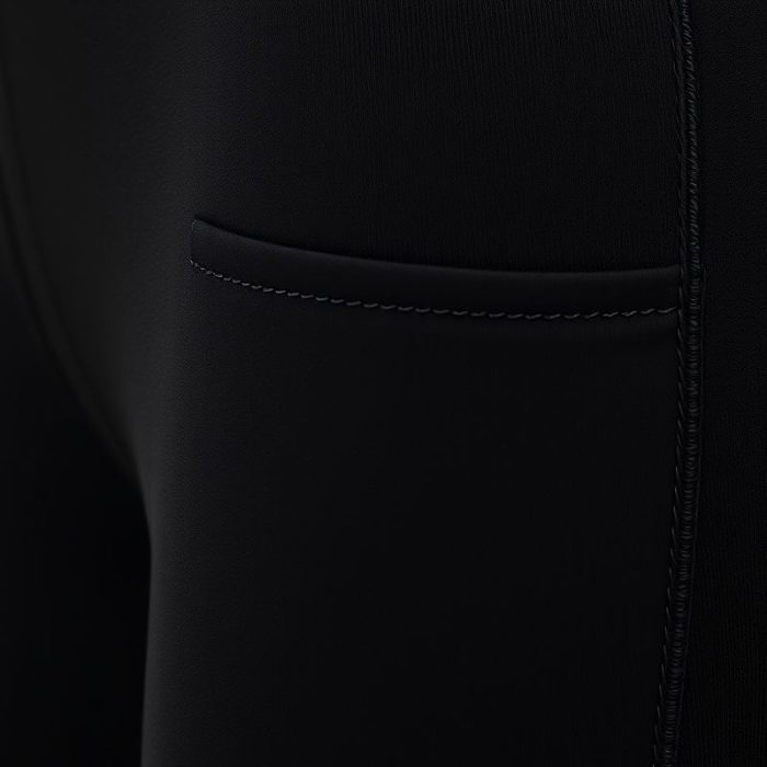 Close-up of high waist leggings black legging with pockets, showcasing Silk Blend fabric texture and premium stitching.