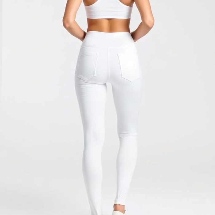 A model wearing high waist leggings workout leggings with pockets in white, back view, studio shot.