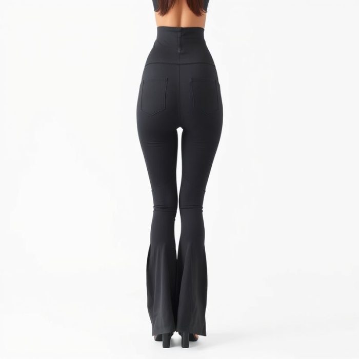 Back view of a model wearing high waisted flare leggings in charcoal, showcasing fit and pockets on pure white background.