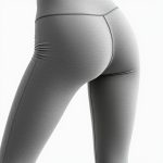 High waisted yoga pants in Heather Grey, straight leg design, on white background, hyperrealistic studio photo.