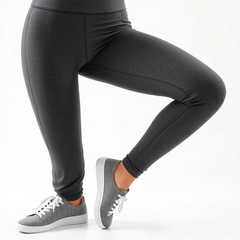 Close-up of high-waisted black leggings with side pockets on yoga mat