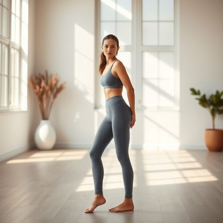 A model wearing high waisted yoga pants straight leg style in Heather Grey, posing in a bright yoga studio.