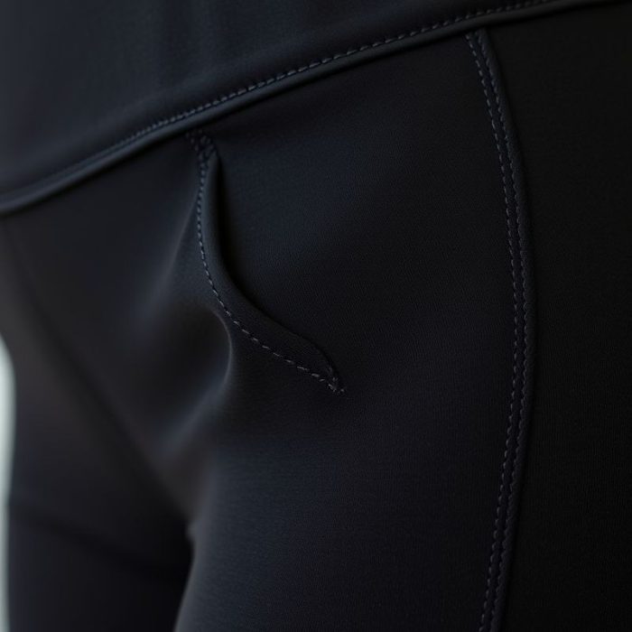 Close-up of black high waisted yoga pants fabric showing texture, stitching, and quality with pockets.