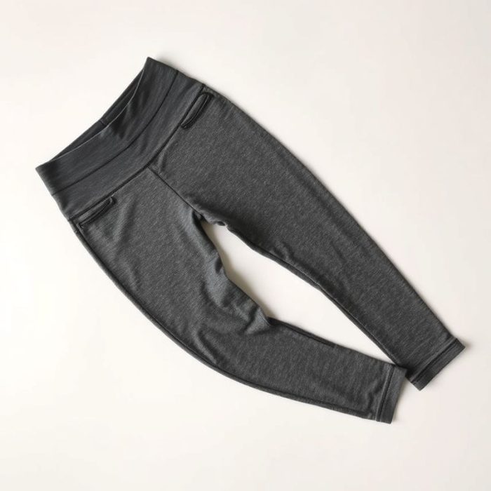 High waisted yoga pants in Heather Grey, neatly folded on a neutral surface, black leggings with pockets, top-down view.