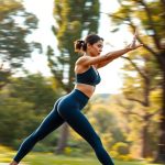 A woman in navy blue high waisted yoga pants with scrunch bum performing a yoga pose in an Australian park.