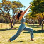 A woman in high waisted yoga pants performing warrior II pose in an Australian park, Heather Grey straight leg yoga pants in motion.