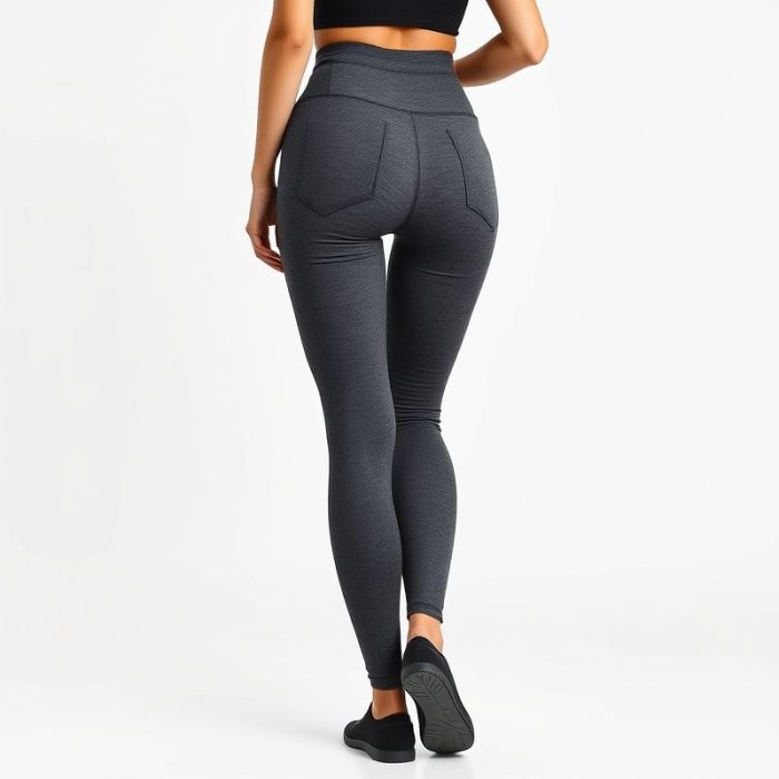A model wearing high waisted yoga pants in Heather Grey, back view, showcasing fit and pockets on white background.