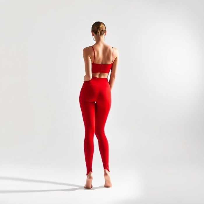 A model wearing high waisted yoga pants in red, showcasing the fit from behind on a white studio background.