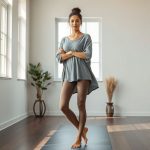 A model in a heather grey boho poncho and leggings australia online, posing in a bright yoga studio.