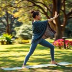 Woman in a yoga pose wearing Heather Grey leggings australia online and a boho poncho in an Australian park.