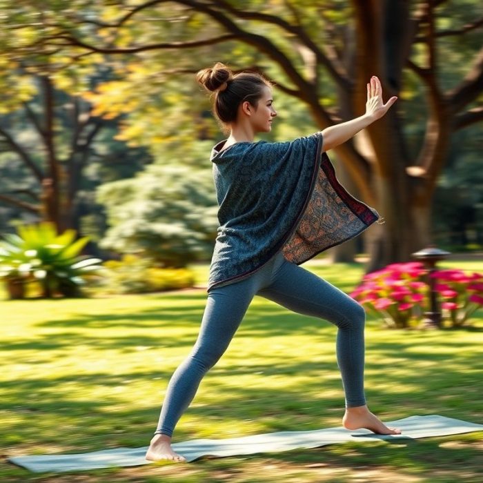 Woman in a yoga pose wearing Heather Grey leggings australia online and a boho poncho in an Australian park.