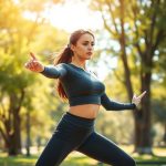 A woman in a charcoal long sleeve yoga top women's active crop top performing warrior II pose in an Australian park.