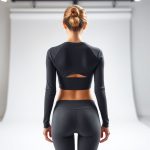 Back view of a model wearing a charcoal long sleeve yoga top womens active crop top, studio shot on white background.