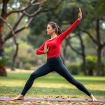 A woman in a red long sleeve yoga tops and black seamless leggings performing a yoga pose in an Australian park.