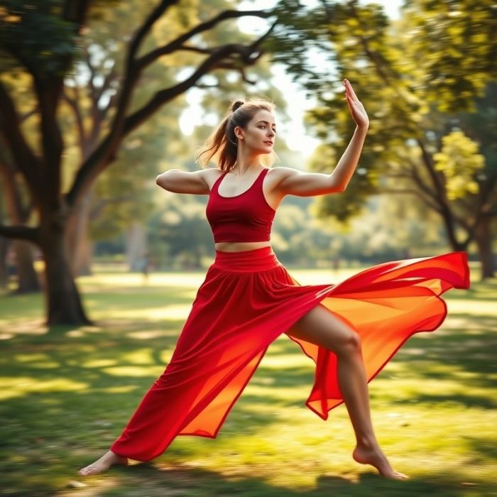 Woman in a red mini skirt cream doing yoga in an Australian park.