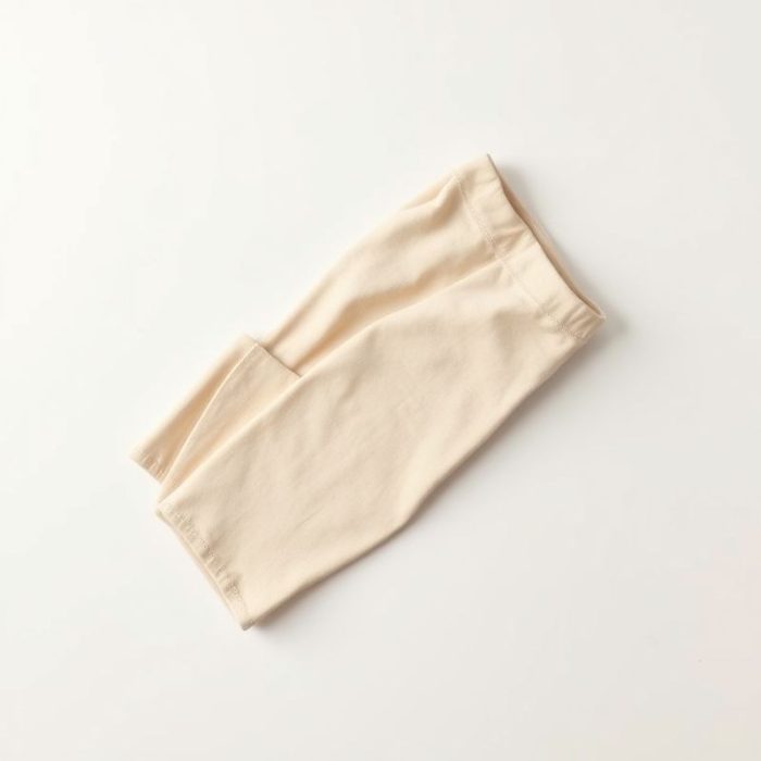Organic cotton leggings in beige, folded flat on a neutral surface.