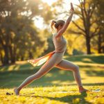 A woman performing yoga in Australian park wearing beige organic cotton leggings.