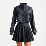 A charcoal pleated golf skirt and waterproof jacket on a white background, hyperrealistic studio photo.