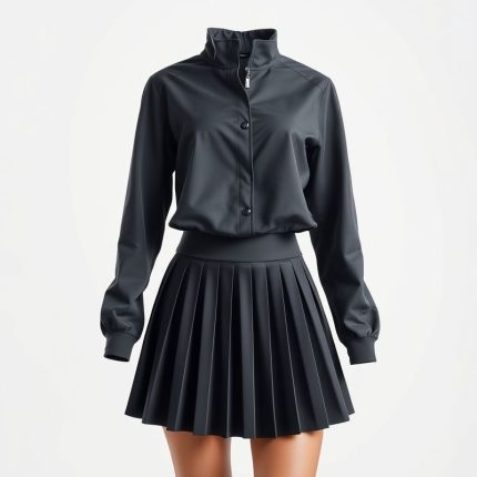 A charcoal pleated golf skirt and waterproof jacket on a white background, hyperrealistic studio photo.