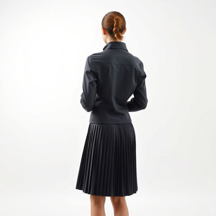 Back view of a model wearing a charcoal pleated golf skirt and golf waterproof jacket, studio shot on white background.