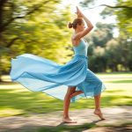 A woman in a Sky Blue rose skirt byron bay cacao performing a yoga pose in an Australian park.