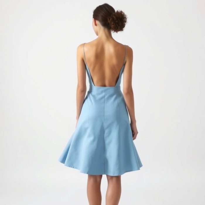 Back view of a model wearing the Sky Blue rose skirt byron bay cacao on a white background.