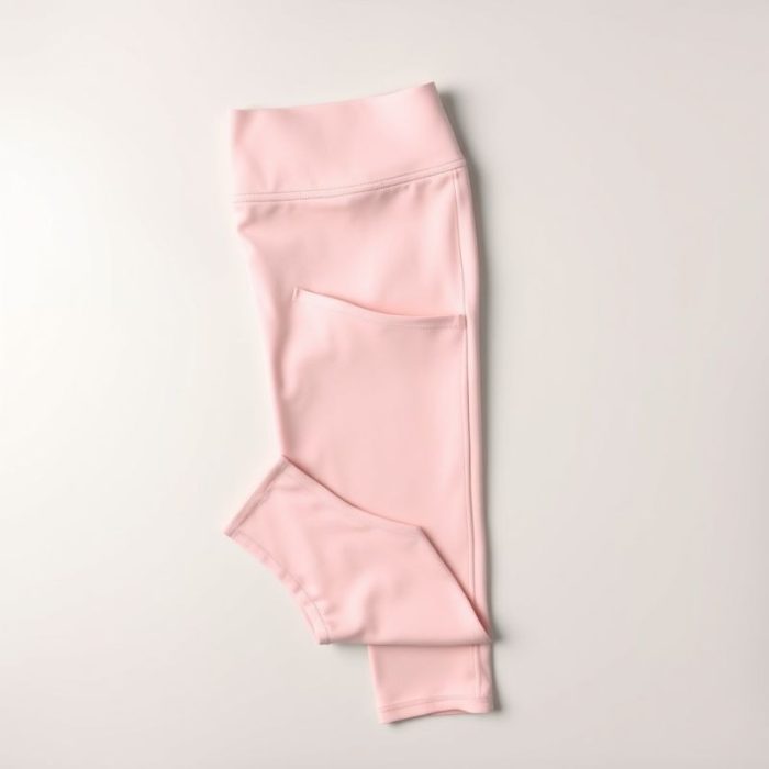 Flat lay of pastel pink sculpting leggings with pockets, neatly folded on a clean neutral surface.
