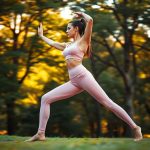 A woman in pastel pink sculpting leggings with pockets performing yoga in an Australian park.