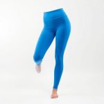 Sky Blue high waisted seamless leggings black on white background, hyperrealistic studio photo.