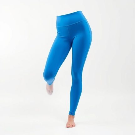 Sky Blue high waisted seamless leggings black on white background, hyperrealistic studio photo.