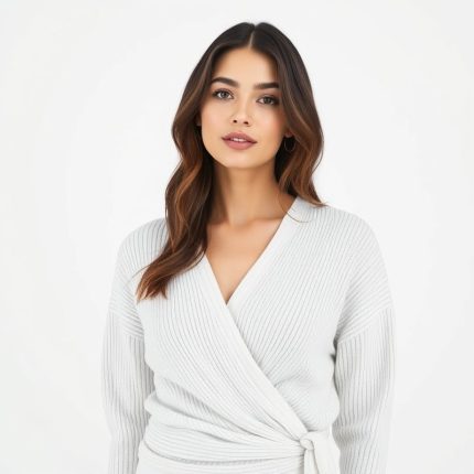 A Heather Grey cotton knit white wrap top on a white background.