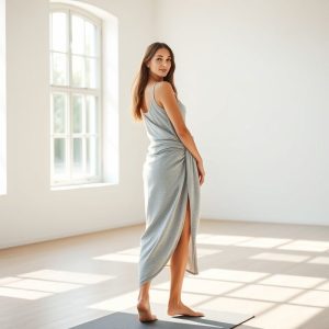 A model in a Heather Grey cotton knit white wrap top in a yoga studio.