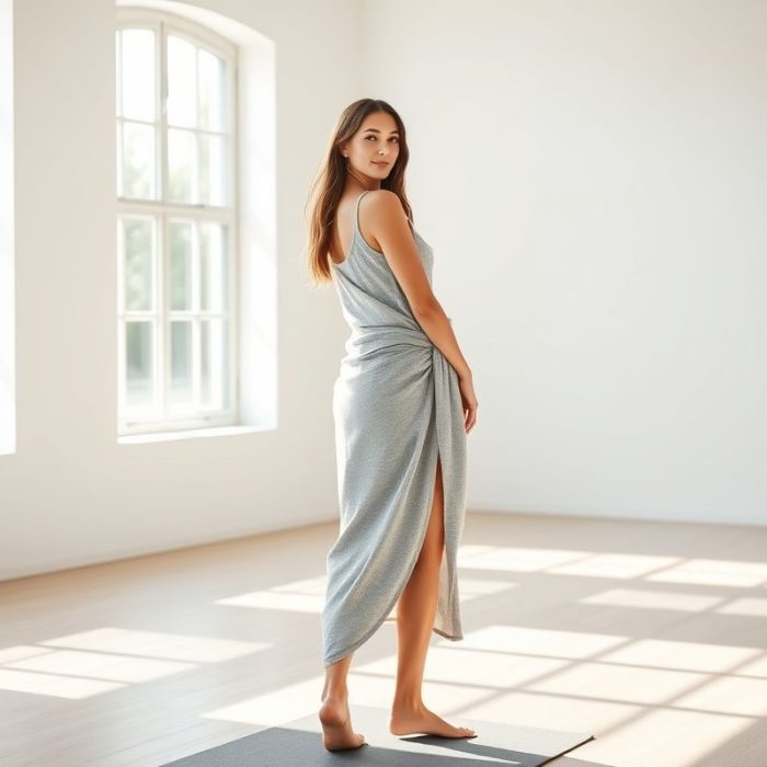 A model in a Heather Grey cotton knit white wrap top in a yoga studio.