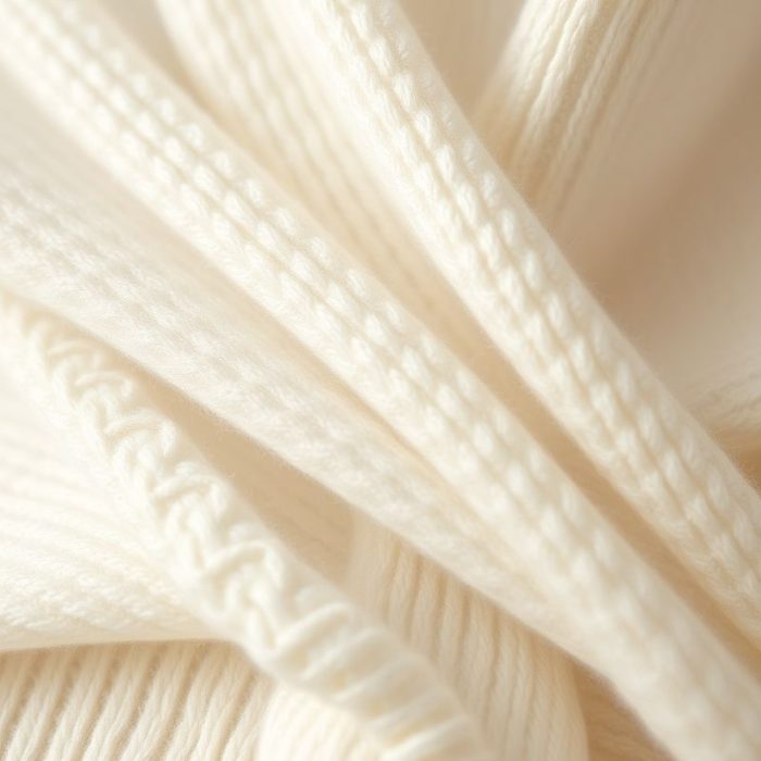 Close-up of the soft cotton knit fabric and stitching on a white wrap top.
