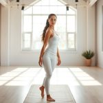 A model in a white yoga top made with Lenzing Ecovero in a bright yoga studio.