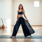 A model in Navy Blue wide leg yoga pants made from bamboo in a bright yoga studio.