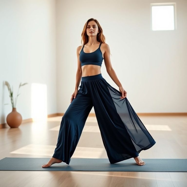 A model in Navy Blue wide leg yoga pants made from bamboo in a bright yoga studio.